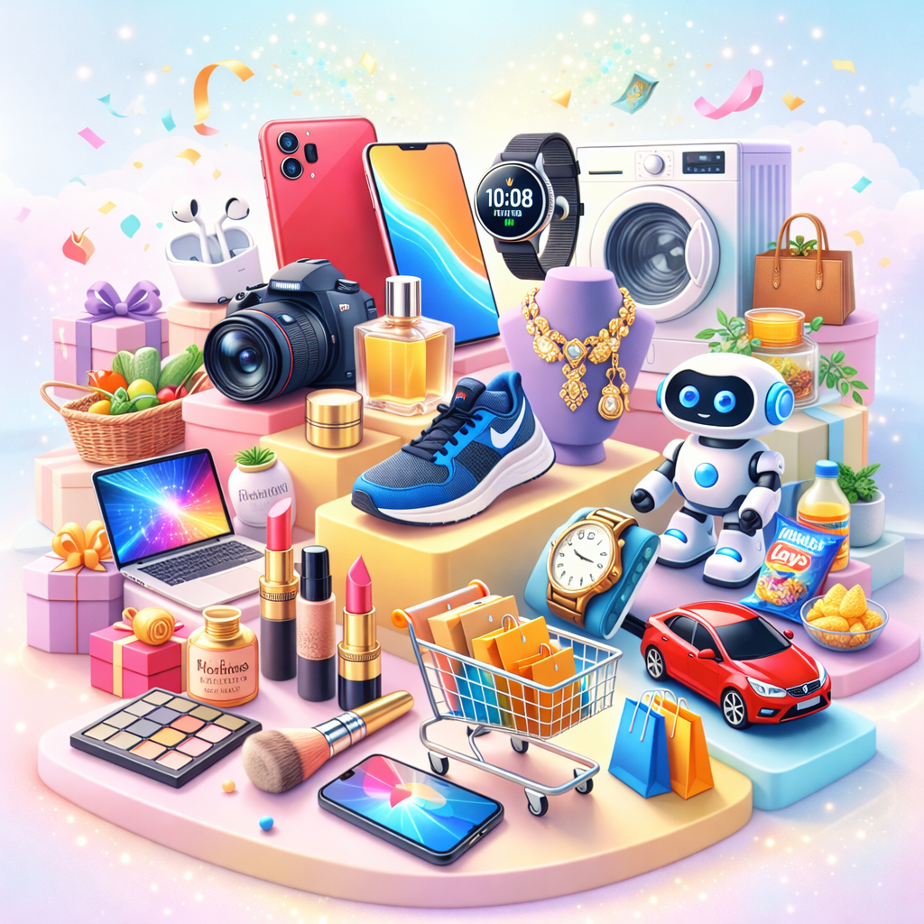 Colorful e-commerce product collage with gadgets, fashion, beauty, and home items on pastel platforms.